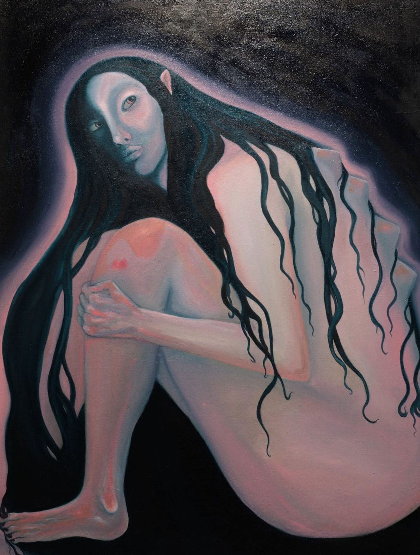 Artistic depiction of a figure with long hair on a dark background