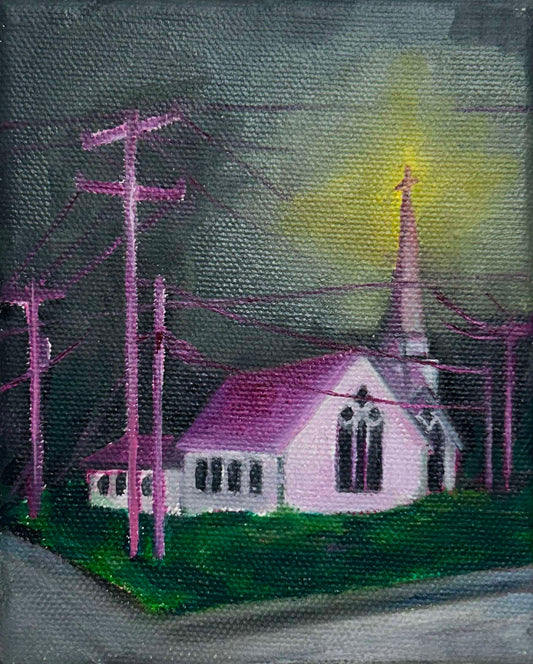 Painting of a small building with a steeple and power lines under a dark sky.